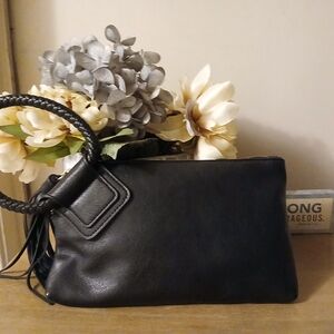 H&M Black Leather Clutch with Braided Handle